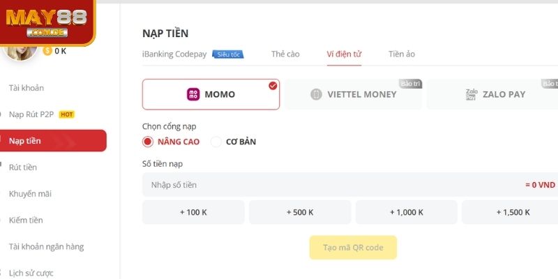 Nạp tiền MAY88 qua ví điện tử Momo