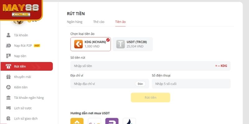 Rút tiền MAY88 qua ví điện tử